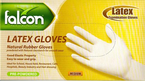 Falcon Latex Gloves, Pre Powdered, Medium (1 Pack X 100 Pieces)
