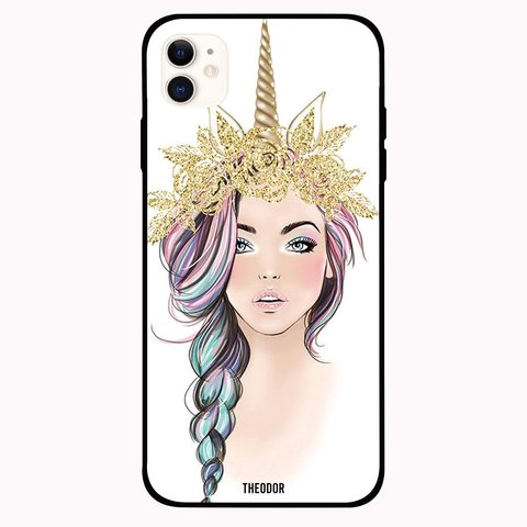 Theodor - Apple iPhone 12 6.1 inch Case Golden Unicorn Girl Flexible Silicone Cover