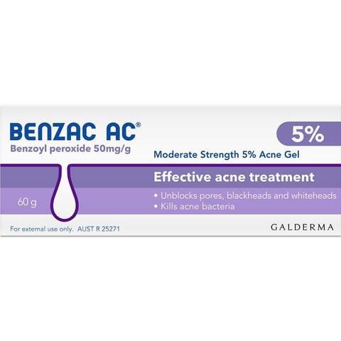 Benzac 2.5 %  Benzoyl Peroxide gel Reduces blackheads and whiteheads removes excess oiliness as well as rehydrating the skin during treatment 60 gm