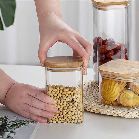 6pcs Square Glass Jars Food Storage Containers with Bamboo Lids