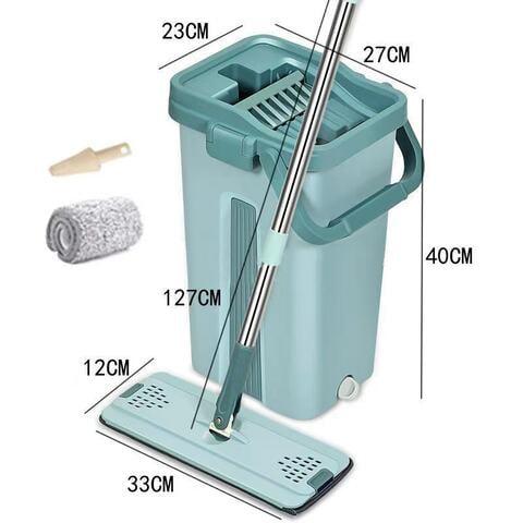 LIHAN Mop and Bucket System for Floor Cleaning - 360 Degree Swivel Head, Self-Cleaning, Squeeze Dry Flat Mop with 2 Mop Pads, Safe on All Surfaces, Telescopic Wand, Compact Storage-light blue