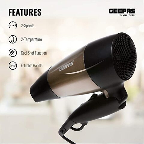 Geepas 1600W Powerful Hair Dryer With Foldable Handle | 2-Speed &amp; 2 Temperature Settings | Salon Quality With Cool Shot Function For Frizz Free Shine &amp; Concentrator | Portable &ndash; 2 Years Warranty