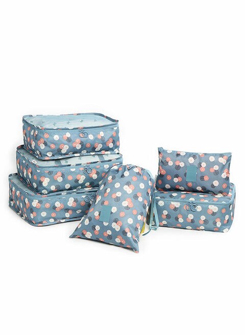 6 Piece Flower Print Storage Bag Set Blue/Pink/White