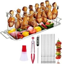 Chicken Leg Wing Grill Rack - 14 Slots Stainless Steel Roaster Stand with Drip Pan, BBQ Chicken Drumsticks Rack for Smoker Grill (Leg Rack Set with Accessories)
