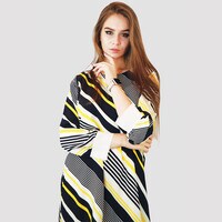 KIDWALA Size L, Women&#39;S Short Multicolor Print Dress, White Yellow &amp; Navy Blue Long Back Dress, Strips Dress, Long Sleeve, Chiffon, Round Neckline, White Wristband, Ladies Dress