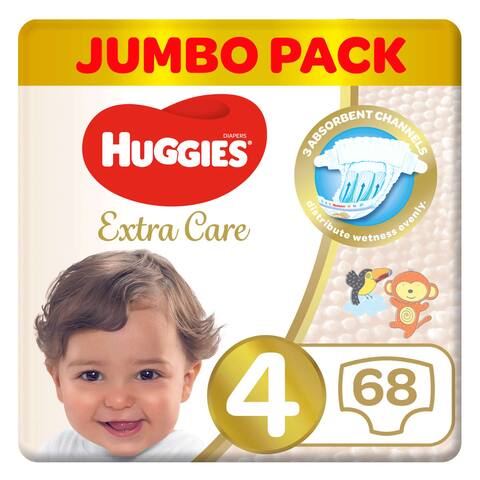 Buy Huggies Extra Care, Size 4, 8 -14 kg, Jumbo Pack, 68 Diapers in Saudi Arabia
