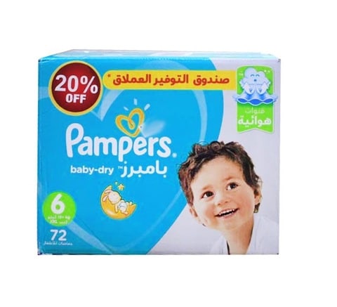 Pampers Baby-Dry Diapers, Size 6, 13+kg, Up to 100% Leakage Protection Over 12 Hours, 72 Baby D