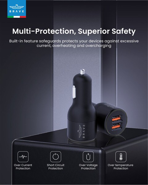 BRAVE QC 3.0 Dual Port 36W Turbo Car Charger With Lightning And Type-C USB Cable &ndash; (Black)
