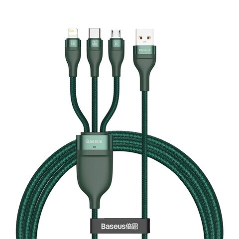 Baseus 66W 3 in 1 USB to Micro, Lightning and Type-C Fast Charging Data Cable 1.2m Green