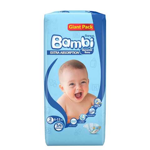 Sanita Bambi Baby Diapers Giant Pack Size 3, Medium, 6-11 KG, 54 Count