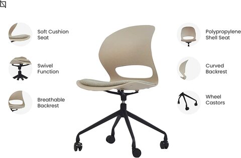 VIS Chair, Premium Meeting &amp; Visitor Chairs, Swivel Chair With Soft Cushion Seat By Navodesk (Beige Grey, With Castor Wheels)