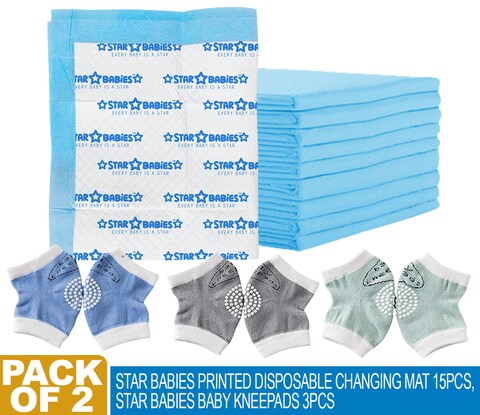 Star Babies Pack of 2 (15pcs Printed Disposable Changing Mats + 3pcs Baby Kneepads)