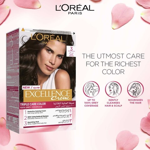 Buy L'Oreal Paris Excellence Creme Triple Care Permanent Hair Colour 3 Dark  Brown Online - Shop Beauty & Personal Care on Carrefour UAE