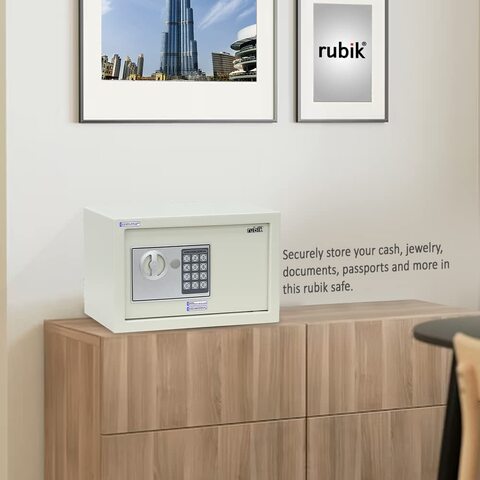 Rubik Safe Box With Key And Digital Pin Code For Home Office Cash Money Jewelry Safety, RB20EF, (20X31X20Cm) White