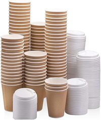 [50 Sets] 8 oz. Brown Disposable Ripple Insulated Coffee Cups with Lids - Hot Beverage Corrugated Paper Cups