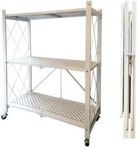 3-Tier Foldable Storage Shelves, Stand Folding Metal Shelf with Caster Wheels for Garage Kitchen Home Closet Office, No Assembly Needed - White