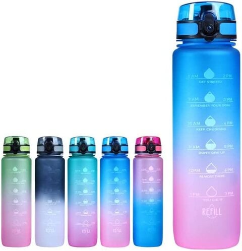 Motivational Water Bottle, Leak-proof, BPA Free with Time Marker, Reusable Drinking Water Bottle for kids &amp; Adults - 1000ml (Blue &amp; Pink)