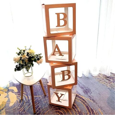 Baby Shower Boxes Party Decorations &ndash; 4Pcs Transparent Balloons Decor Baby Box Baby Blocks Decorations for Boy Girl Baby Shower 1st Birthday Party Gender Reveal Backdrop (Rose Gold)