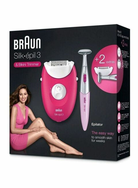 Braun 2-Piece Silk Epil Epilator And Bikini Trimmer Set Raspberry Pink/White 22x20x9centimeter