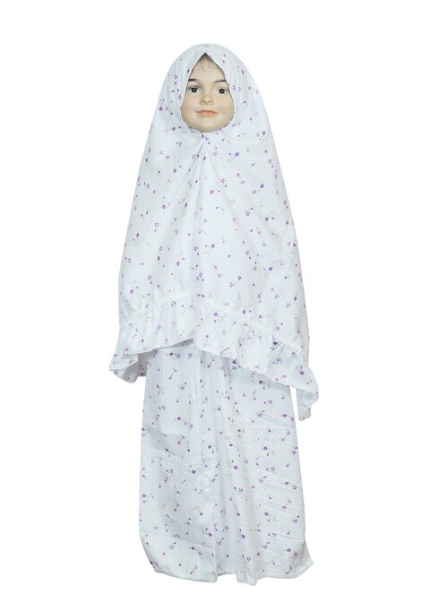 City Rose Muslim Islamic Pray Set Girl&#39;s khimar 2 Pieces Sets Soft Prayer Dress Hijab Abaya Suit White Floral Purple ( 5-6 Years )