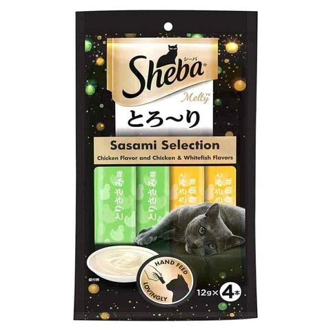Sheba Cat Food, Melty Mixed Creamy Treats Chicken &amp; Chicken &amp; White Fish 12g Pouches (Pack of 48)