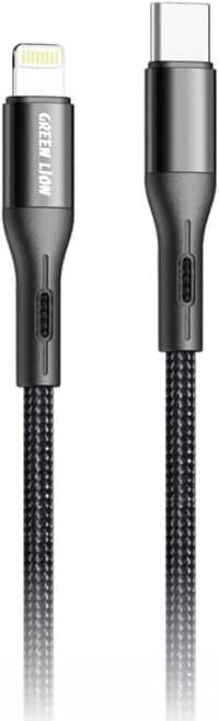 Green Lion Braided Type-C Compatible With Lightning Cable 2M 20W Connecter Fast Charger Compatible With iPhone 12 Pro / 12 Pro Max / 13 Pro / 13 Pro Max/ 14 Pro / 14 Pro Max - Black
