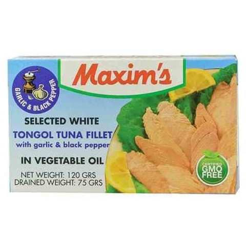 Maxim&#39;s Tongol Tuna Fillet With Garlic And Pepper Black In Vegeable Oil 120 Gram