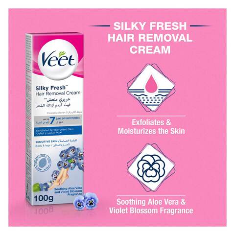 Veet Silky Fresh Hair Removal Cream Body &amp; Legs for Sensitive Skin, Soothing Aloe Vera &amp; Violet Blossom Fragrance &ndash; 100g