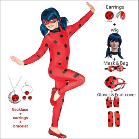 Kid&rsquo;s Beetle Costume Ladybug Black Cat Noir Boy or Girl Cosplay Outfit Clothing with Wig Jumpsuit Halloween Party Masquerade with 3pcs/Set Jewellery (S 5-6Y, Ladybug_Outfit)