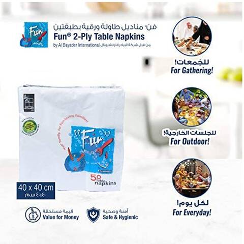 Fun Premium 2-Ply Paper Napkin Tissue Paper 33X33Cm White 50 PCS