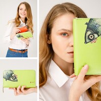 Large &amp; Slim Women Wallet with Zipper - Credit Card Holder  - 12 Cards Slots, 1 Phone &amp; 2 Banknotes Compartments and 1 Coin Pocket - (Green Color)