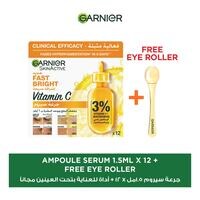 Garnier SkinActive Fast Bright Vitamin C+Niacinamide Serum Ampoules 1.5ml Pack of 12 With Eye Roller Yellow