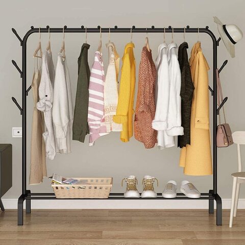 Neza Garment Cloth Rack Stand Clothing Rod Hatstand Single Rail With Side Hook Bottom Storage 110Cm Long For Shoes Clothes Jacket Umbrella Hats Scarf Handbags