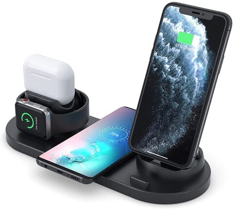 SKY-TOUCH 6 in 1 Multi-Function Charging Stand, Wireless Charger/Charger Dock for Phone iWatch and Airpods, All in One Charging Dock Compatible for IOS/Android - Black