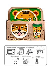 Eco-Friendly Bamboo Fiber 5pcs Dinnerware Set - Creative Cartoon Cutlery Set for Kids - Perfect Baby Feeding Solution, Pink Cat