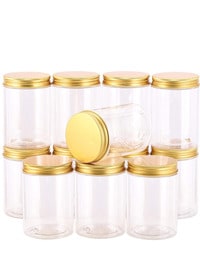 ALSAQER 12 Pieces (850ml) Spice Storage Empty Bottle Refillable Clear Jar/Food Container/Plastic Pet Jars/Cansister Plastic Bottle with Metal Gold Lids