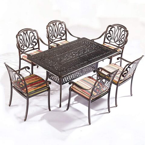 Yulan 7 Piece Outdoor Cast Aluminum Patio Dining Set, Conversation Furniture Set For Patio Deck Garden With 1 Rectangular Table, 6 Chairs -337