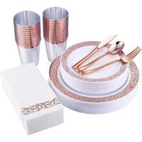 Aiwanto 175Pcs Disposable Dinner Set Dinnerware Set Rose Gold Lace Design Plate Spoon Set for Birthday Anniversary Christmas Party Accessories