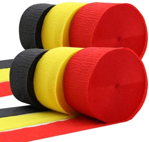 Party Time 6 Rolls Yellow, Black &amp; Red Crepe Paper Streamer Rolls Hanging Birthday Party Decoration Backdrop Each 82-Feet, Theme Party Streamer for Wedding Bridal Shower Baby Shower DIY Art Project -