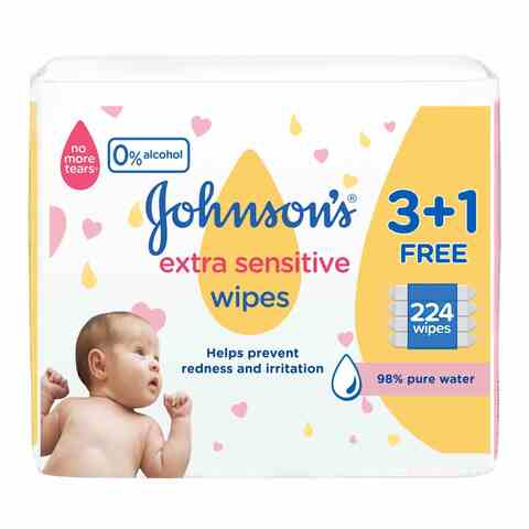 Johnson&#39;s Baby Wipes Extra Sensitive 98% Pure Water White 56 countx4