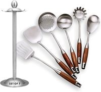 LIYING Cooking Utensils Set,7pcs 304 Stainless Steel Kitchen Utensils Set with Holder,Heat Resistant Wooden Handle Kitchen Tools