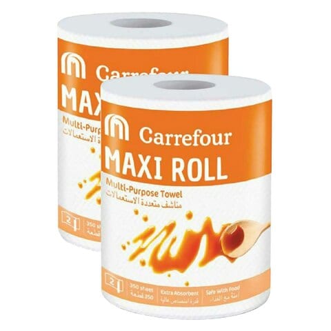Carrefour Maxi Multi-Purpose Towel White 350 Sheets 2 Rolls