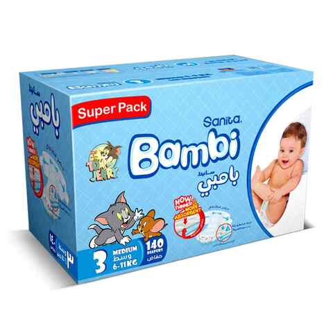 Sanita Bambi Baby Diapers Size 3 Medium 6-11kg White Super Pack of 140