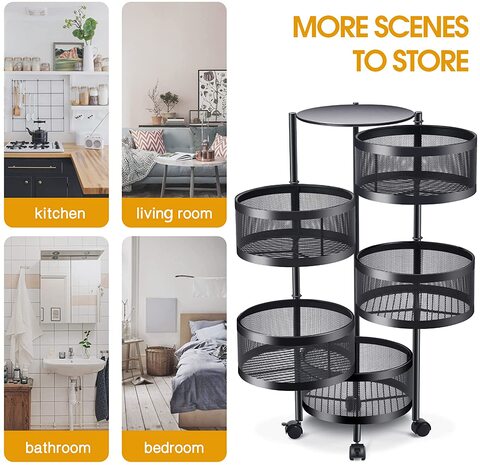 LIHAN Multi Layers Kitchen Shelf,  Rotating with 4 Movable Wheels ,  Multi-Functional Round Basket Storage Shelf for Vegetable Fruit Snack (5F Black)