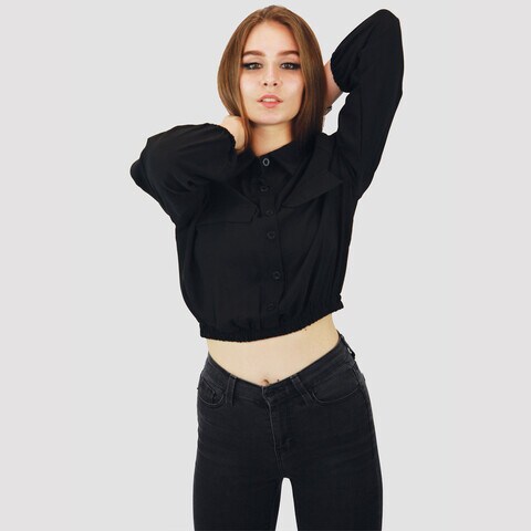 KIDWALA Size M,  Women&#39;S Tops, Tees &amp; Blouses Black Cropped Front Two Pocket Bomber Jacket Elastic Waistband &amp; Wristband Blouse With Collar Neckline With Long Sleeve, Buttons Up Top, Crop Top