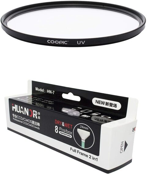 Coopic 72mm Uv Lens Protective Filter With 8Pcs Huanor Hn7 24mm Dry &amp; Wet Professional Ccd/cmos Swab Camera Sensor Cleaner For All Cameras