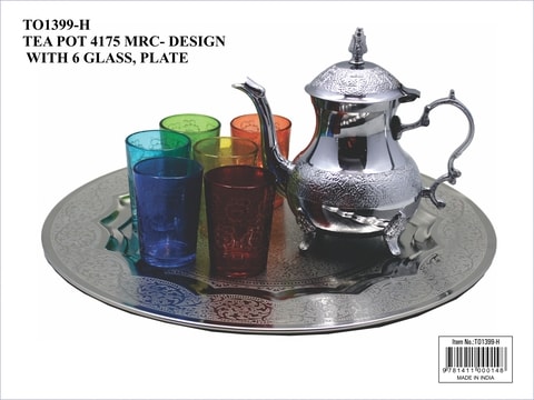 MOROCCAN TEA TRAYS SET - 1 TEAPOT AND 6 CUPS - SILVER (TO1399-H)