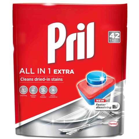 Pril All In 1 Automatic Dishwashing Tabs Faster Dissolving Tab With Deep Clean And Action Against Dried-In Stains 42 Tabs