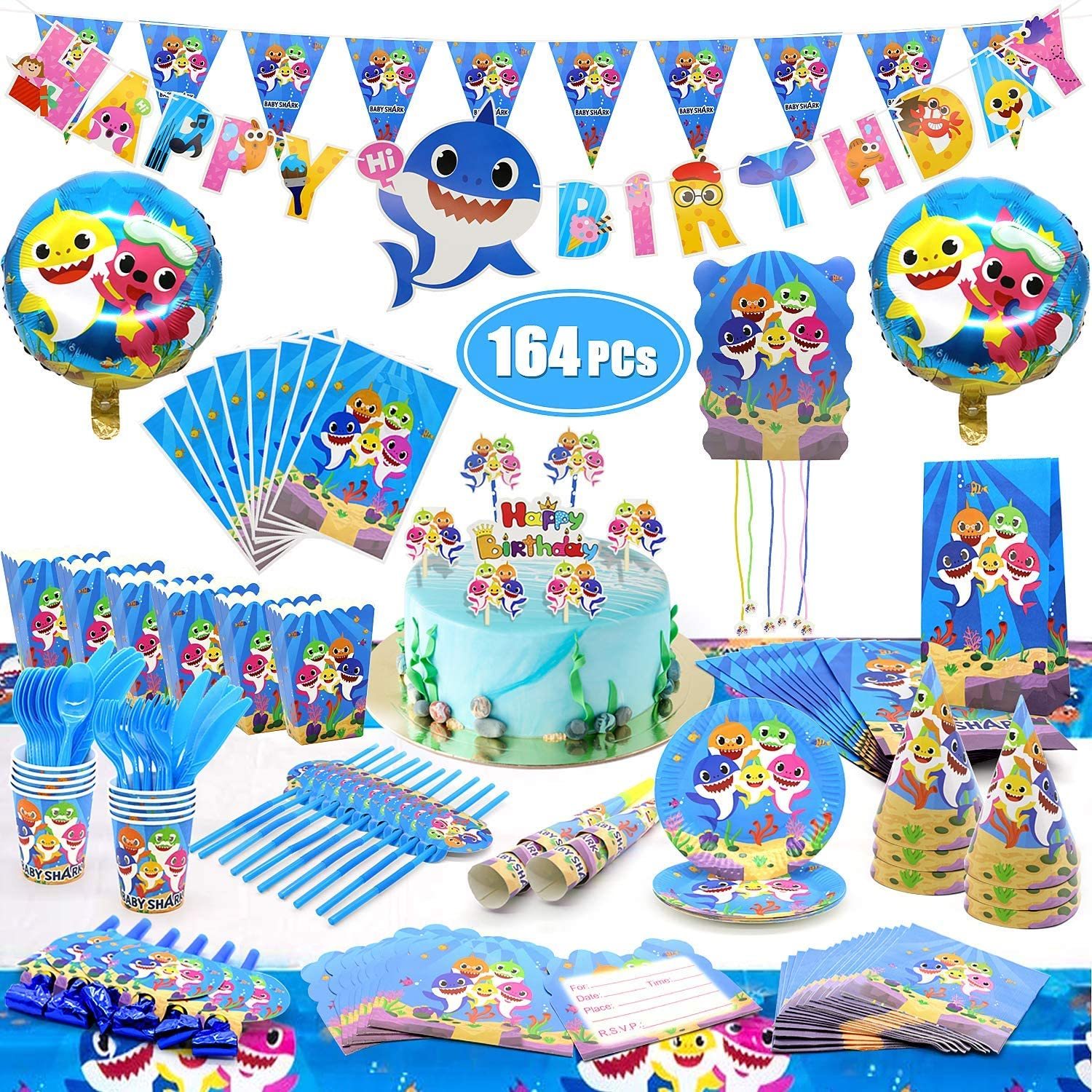 Buy Doreen 164 Pcs Shark Party Supplies Set Baby Shark Themed Birthday Decorations Banner Balloons Disposable Tableware Kit Blowing Dragon Paper Hat Gift Bag Cake Toppers Pinata Shark Party Supplies Online