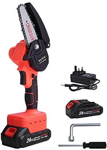 ECVV Cordless Mini Chainsaw Handheld 4 inch Portable Electric Pruning Saw with 2 24V Rechargable Lithium Batteries for Courtyard Tree Branch Wood Cutting&hellip;